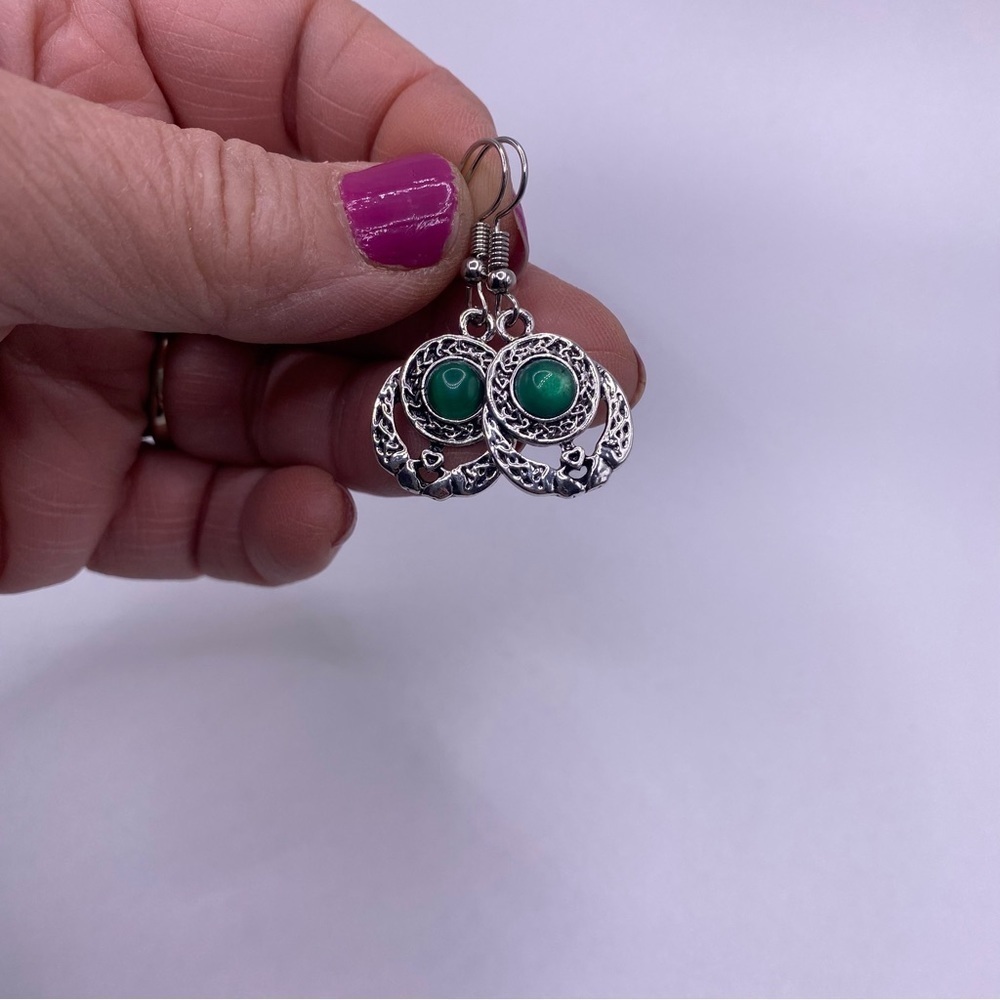 Irish Claddagh Earrings with Green Moonstones - Costume Jewelry